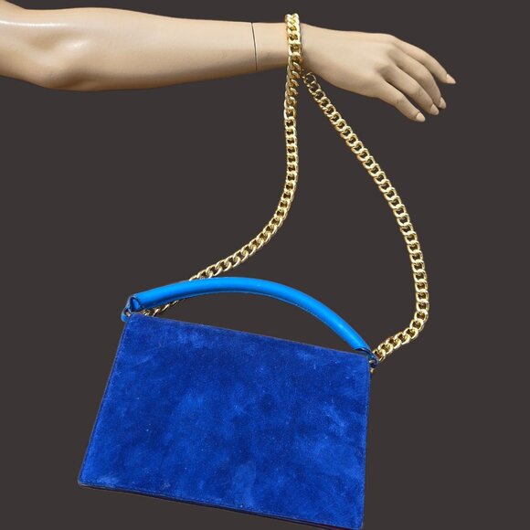 DVF Diane von Furstenberg Bonne Soirée Shoulder Bag Blue Suede Gold Chain Strap - Picture 1 of 8